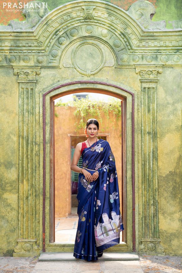 Banarasi poona silk saree blue and red with thread & silver zari woven geometric buttas and zari woven simple border