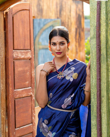 Banarasi poona silk saree blue and red with thread & silver zari woven geometric buttas and zari woven simple border