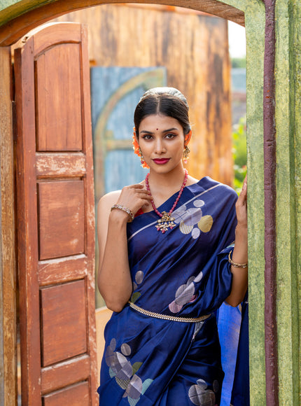 Banarasi poona silk saree blue and red with thread & silver zari woven geometric buttas and zari woven simple border