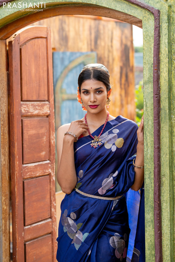 Banarasi poona silk saree blue and red with thread & silver zari woven geometric buttas and zari woven simple border