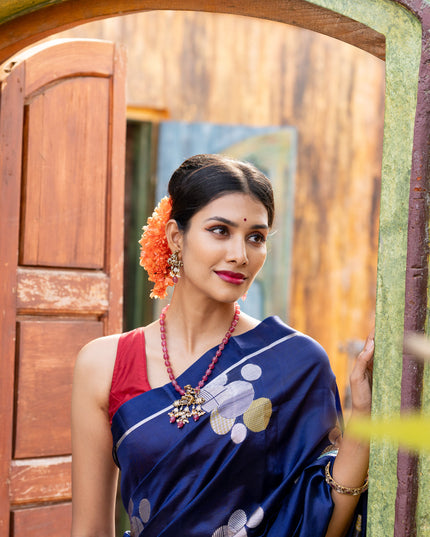 Banarasi poona silk saree blue and red with thread & silver zari woven geometric buttas and zari woven simple border