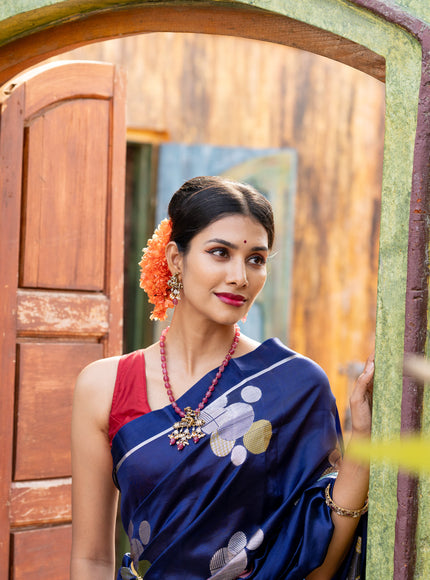 Banarasi poona silk saree blue and red with thread & silver zari woven geometric buttas and zari woven simple border