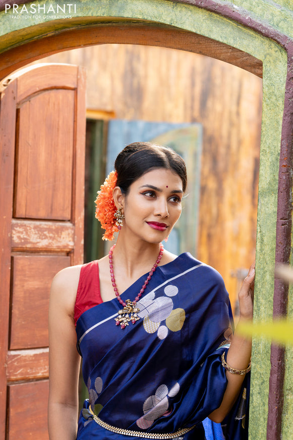 Banarasi poona silk saree blue and red with thread & silver zari woven geometric buttas and zari woven simple border