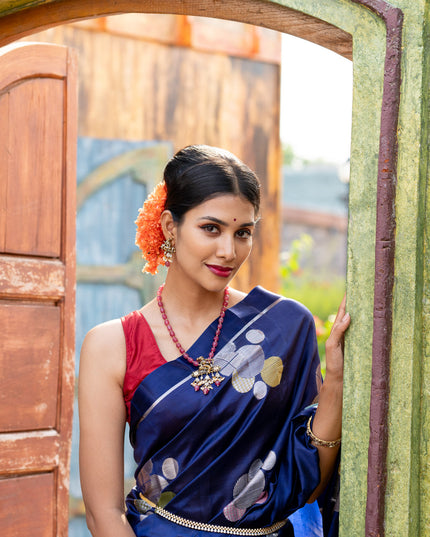 Banarasi poona silk saree blue and red with thread & silver zari woven geometric buttas and zari woven simple border