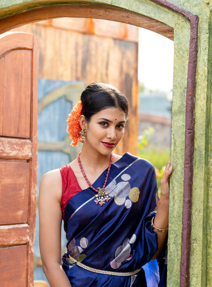 Banarasi poona silk saree blue and red with thread & silver zari woven geometric buttas and zari woven simple border