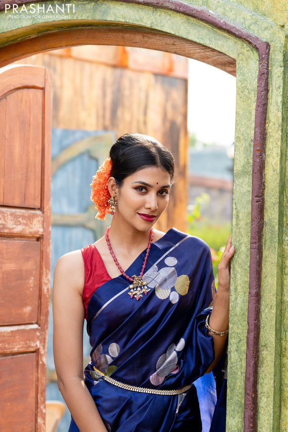 Banarasi poona silk saree blue and red with thread & silver zari woven geometric buttas and zari woven simple border