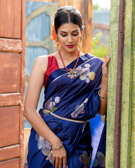 Banarasi poona silk saree blue and red with thread & silver zari woven geometric buttas and zari woven simple border