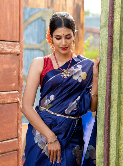 Banarasi poona silk saree blue and red with thread & silver zari woven geometric buttas and zari woven simple border