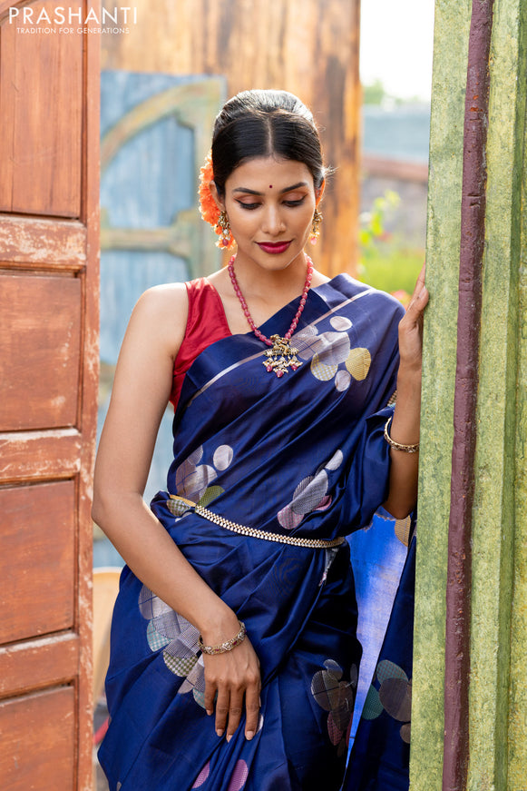 Banarasi poona silk saree blue and red with thread & silver zari woven geometric buttas and zari woven simple border