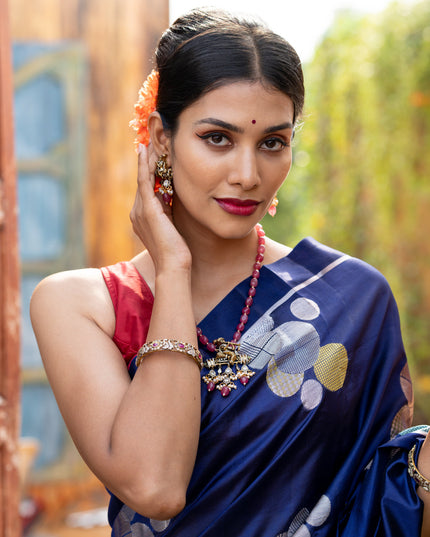 Banarasi poona silk saree blue and red with thread & silver zari woven geometric buttas and zari woven simple border