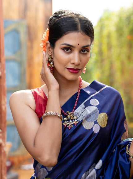 Banarasi poona silk saree blue and red with thread & silver zari woven geometric buttas and zari woven simple border