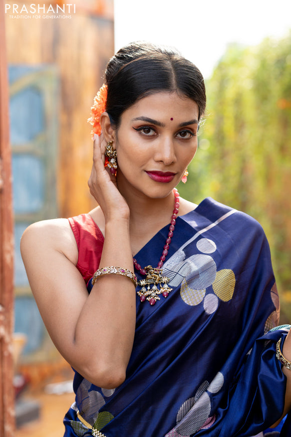 Banarasi poona silk saree blue and red with thread & silver zari woven geometric buttas and zari woven simple border