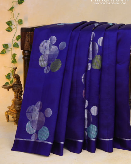 Banarasi poona silk saree blue and red with thread & silver zari woven geometric buttas and zari woven simple border