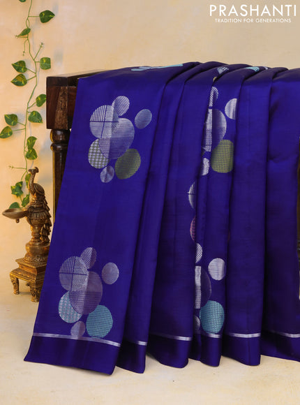 Banarasi poona silk saree blue and red with thread & silver zari woven geometric buttas and zari woven simple border