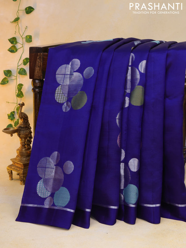 Banarasi poona silk saree blue and red with thread & silver zari woven geometric buttas and zari woven simple border