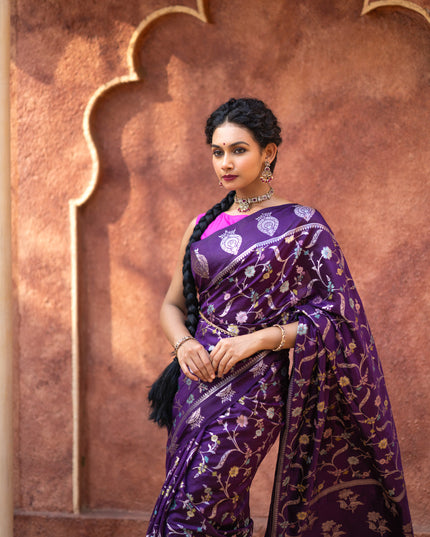 Banarasi poona silk saree violet and pink with thread & silver zari weaves in borderless style