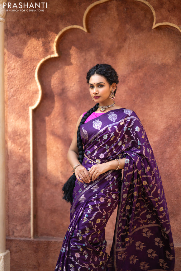 Banarasi poona silk saree violet and pink with thread & silver zari weaves in borderless style