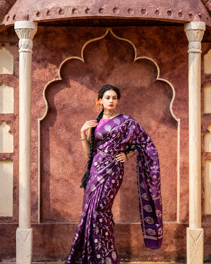 Banarasi poona silk saree violet and pink with thread & silver zari weaves in borderless style