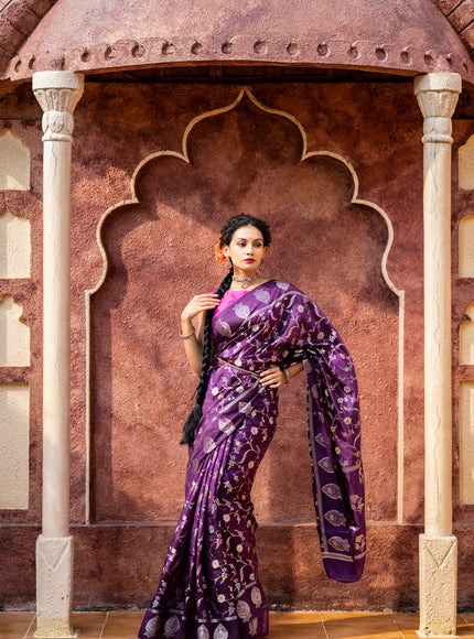 Banarasi poona silk saree violet and pink with thread & silver zari weaves in borderless style