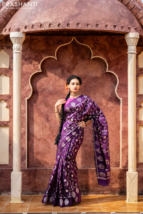 Banarasi poona silk saree violet and pink with thread & silver zari weaves in borderless style