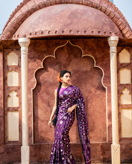 Banarasi poona silk saree violet and pink with thread & silver zari weaves in borderless style