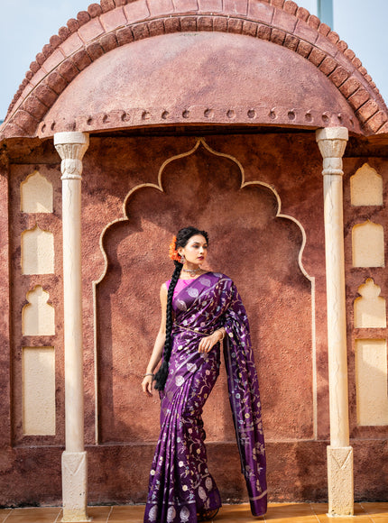 Banarasi poona silk saree violet and pink with thread & silver zari weaves in borderless style