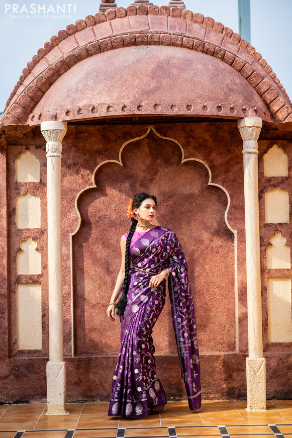 Banarasi poona silk saree violet and pink with thread & silver zari weaves in borderless style