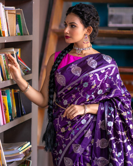 Banarasi poona silk saree violet and pink with thread & silver zari weaves in borderless style