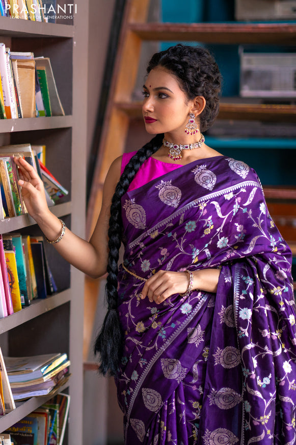 Banarasi poona silk saree violet and pink with thread & silver zari weaves in borderless style