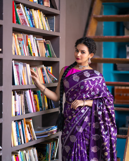 Banarasi poona silk saree violet and pink with thread & silver zari weaves in borderless style