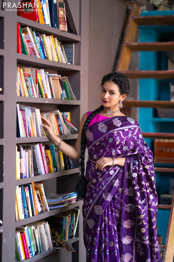 Banarasi poona silk saree violet and pink with thread & silver zari weaves in borderless style