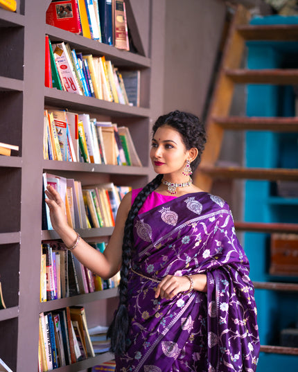 Banarasi poona silk saree violet and pink with thread & silver zari weaves in borderless style