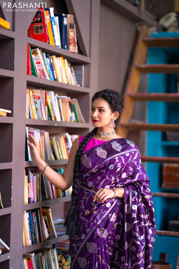 Banarasi poona silk saree violet and pink with thread & silver zari weaves in borderless style