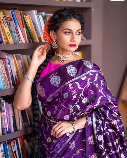 Banarasi poona silk saree violet and pink with thread & silver zari weaves in borderless style