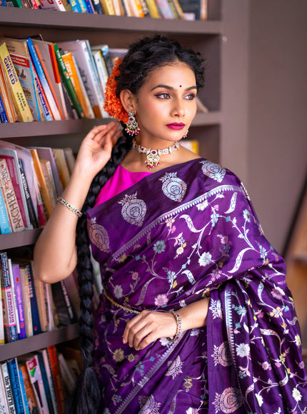 Banarasi poona silk saree violet and pink with thread & silver zari weaves in borderless style