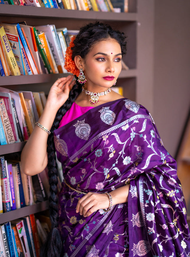 Banarasi poona silk saree violet and pink with thread & silver zari weaves in borderless style