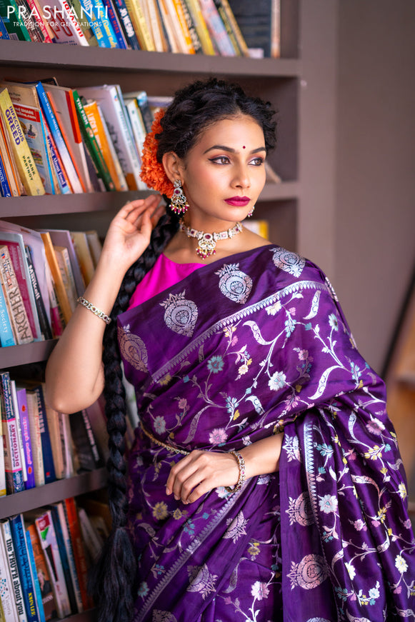 Banarasi poona silk saree violet and pink with thread & silver zari weaves in borderless style