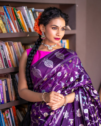 Banarasi poona silk saree violet and pink with thread & silver zari weaves in borderless style