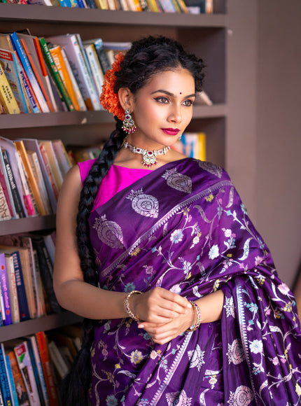 Banarasi poona silk saree violet and pink with thread & silver zari weaves in borderless style