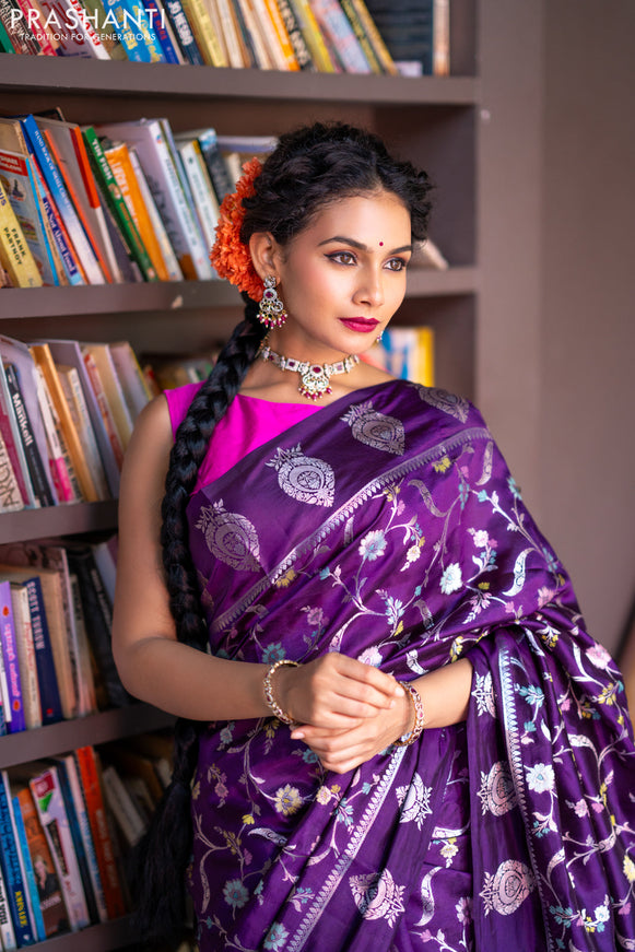 Banarasi poona silk saree violet and pink with thread & silver zari weaves in borderless style