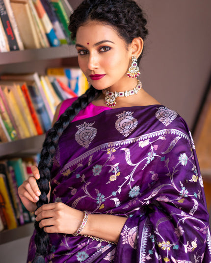 Banarasi poona silk saree violet and pink with thread & silver zari weaves in borderless style