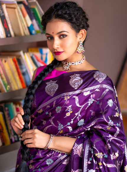 Banarasi poona silk saree violet and pink with thread & silver zari weaves in borderless style