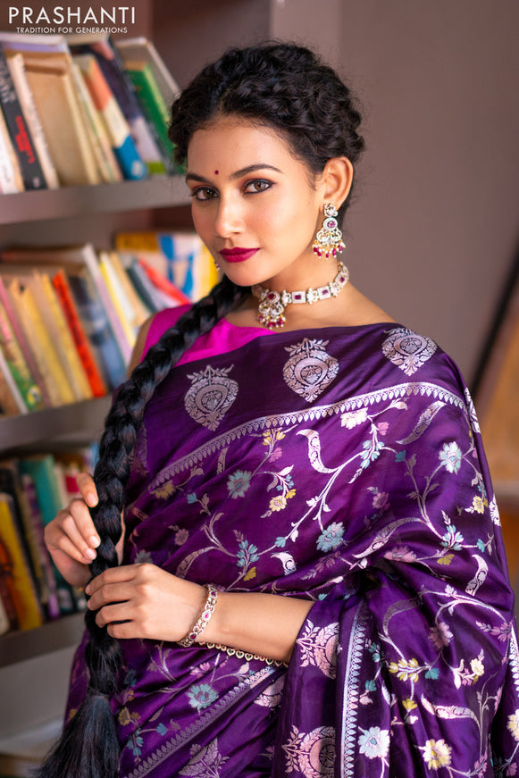 Banarasi poona silk saree violet and pink with thread & silver zari weaves in borderless style