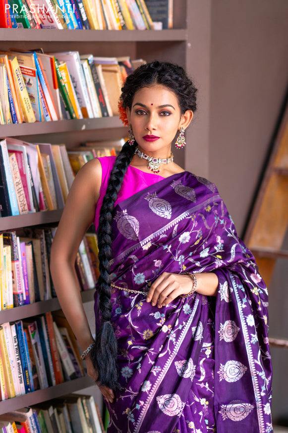 Banarasi poona silk saree violet and pink with thread & silver zari weaves in borderless style