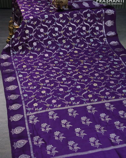 Banarasi poona silk saree violet and pink with thread & silver zari weaves in borderless style