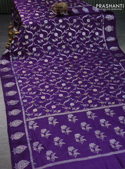 Banarasi poona silk saree violet and pink with thread & silver zari weaves in borderless style