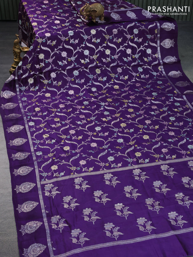 Banarasi poona silk saree violet and pink with thread & silver zari weaves in borderless style