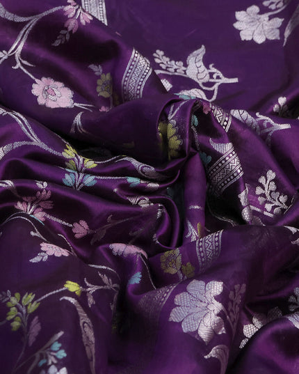 Banarasi poona silk saree violet and pink with thread & silver zari weaves in borderless style