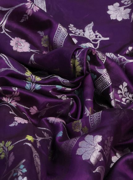 Banarasi poona silk saree violet and pink with thread & silver zari weaves in borderless style