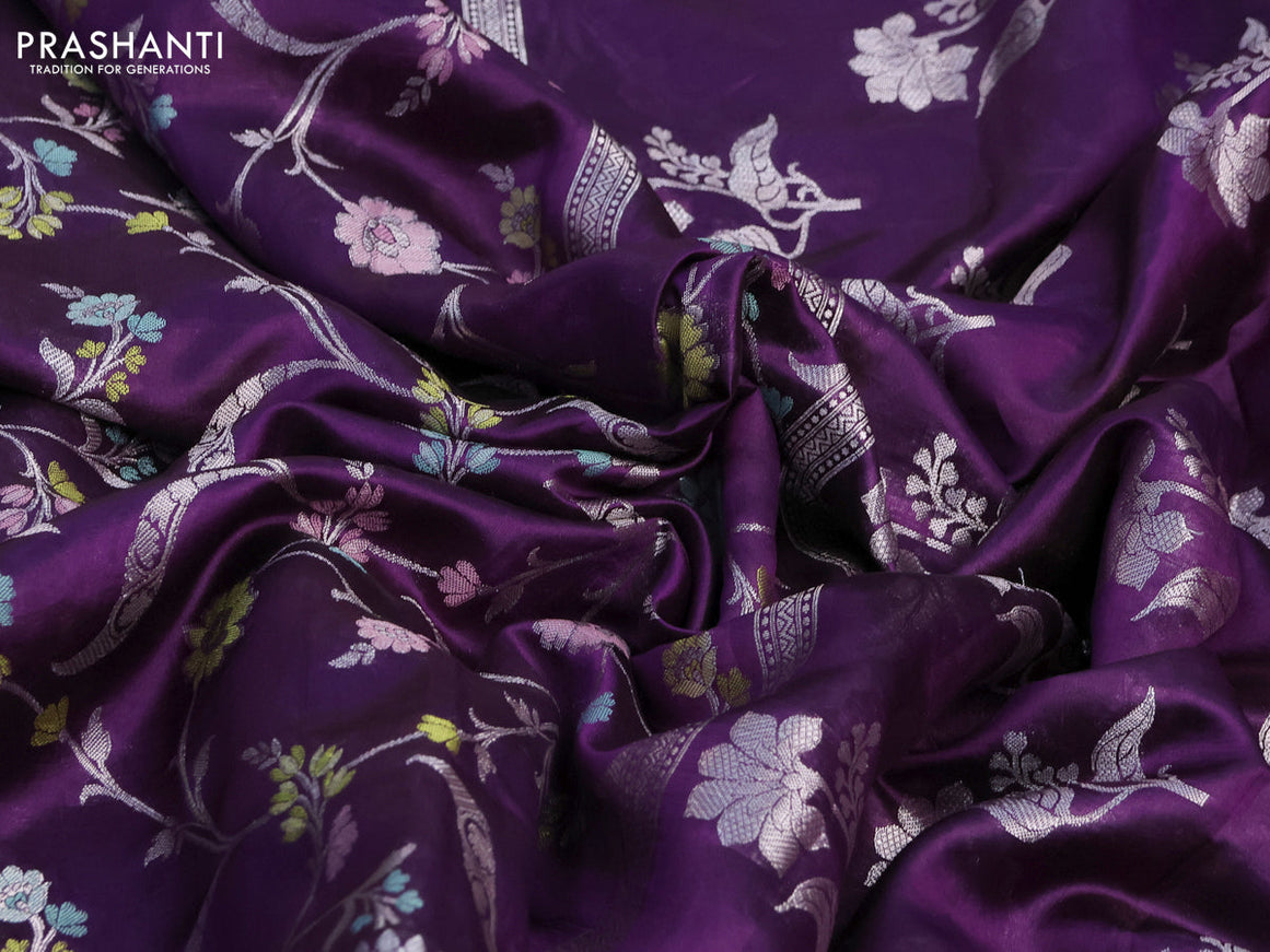 Banarasi poona silk saree violet and pink with thread & silver zari weaves in borderless style